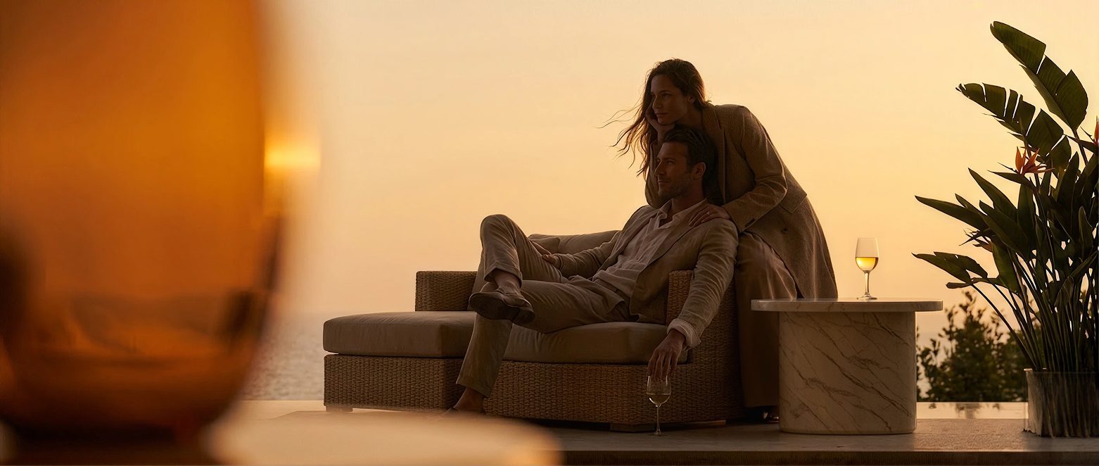 A couple relaxing outdoors at sunset
